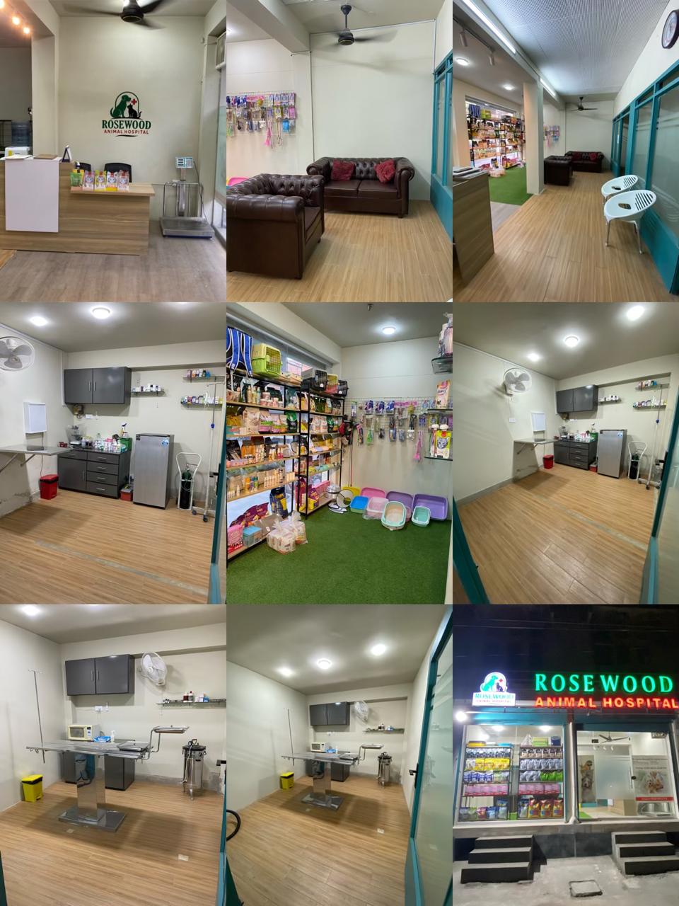 Collage of Rosewood Animal Hospital rooms including treatment tables and the shop front