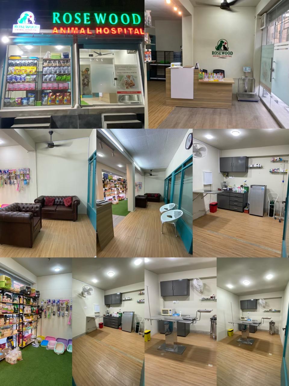 Collage showing the hospital exterior sign, reception, treatment and store areas